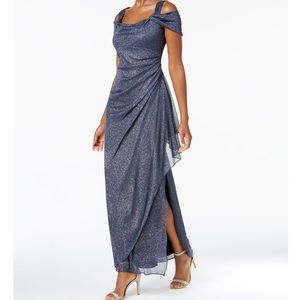 Alex' glittering column-silhouette gown draped design accented cold-shoulder